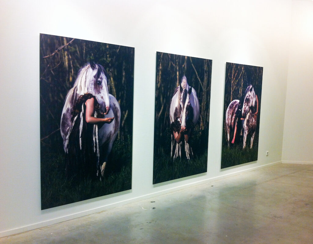 Edda - three large dibond photos with A horse and the artist